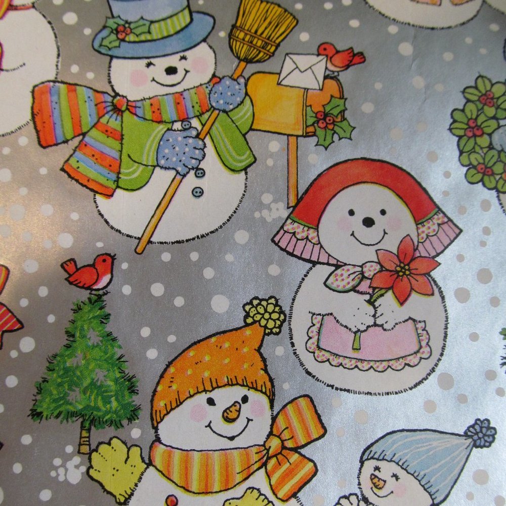 Vintage Hallmark Gift Wrap Paper Partial Roll ~ Snowmen w Trees, Sleds